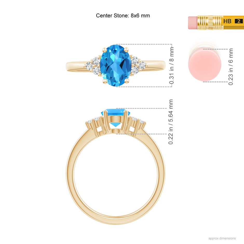 8x6mm AAAA Solitaire Oval Swiss Blue Topaz Ring with Trio Diamond Accents in Yellow Gold ruler