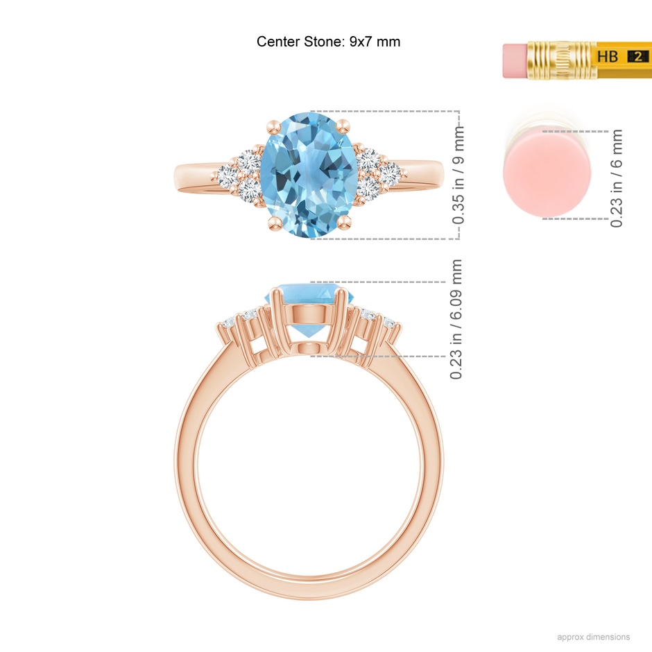 9x7mm A Solitaire Oval Swiss Blue Topaz Ring with Trio Diamond Accents in Rose Gold ruler