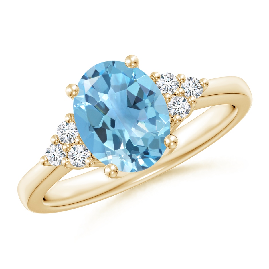 9x7mm A Solitaire Oval Swiss Blue Topaz Ring with Trio Diamond Accents in Yellow Gold 