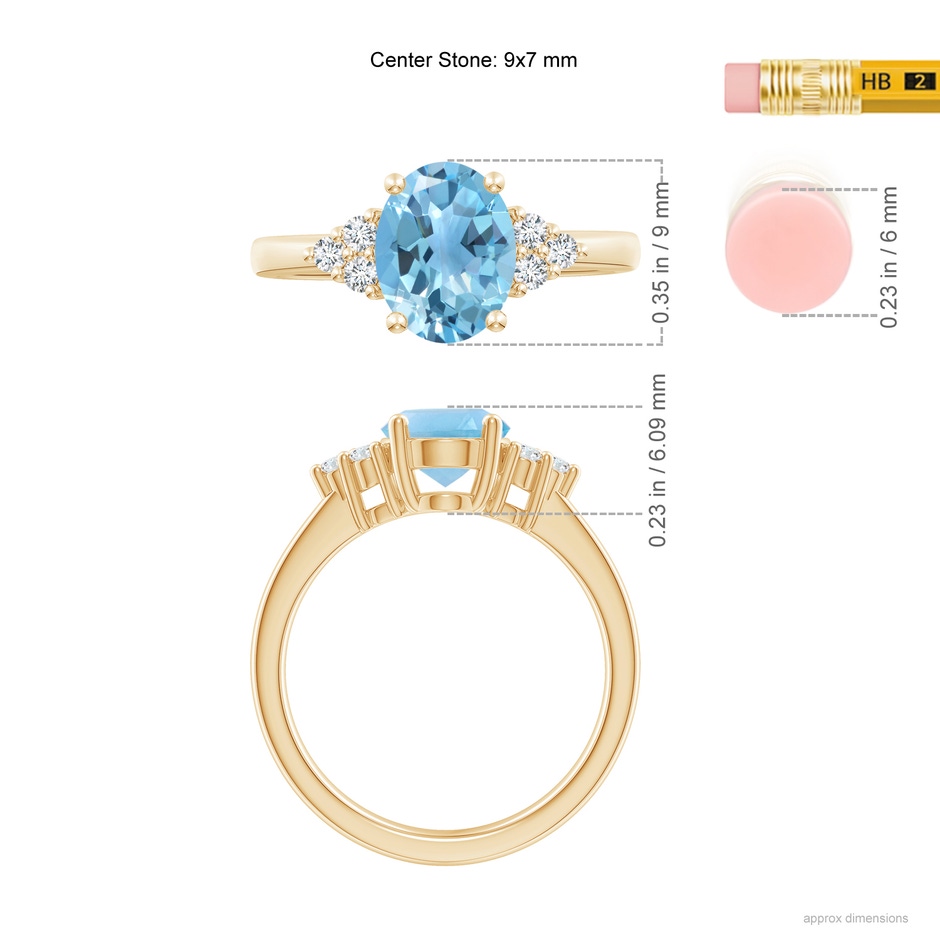 9x7mm A Solitaire Oval Swiss Blue Topaz Ring with Trio Diamond Accents in Yellow Gold ruler