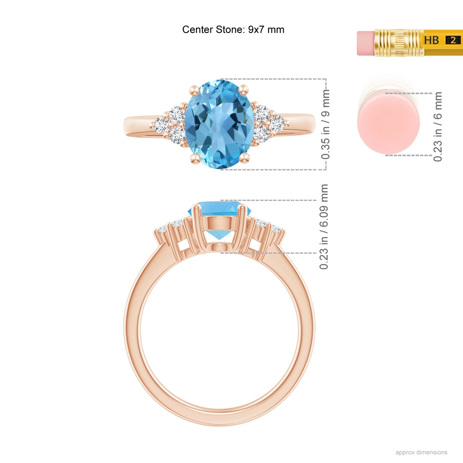9x7mm AA Solitaire Oval Swiss Blue Topaz Ring with Trio Diamond Accents in Rose Gold ruler