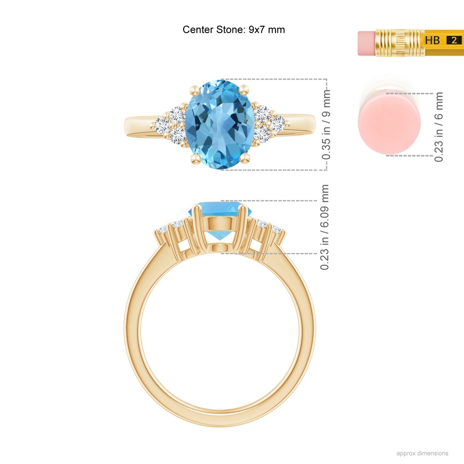 9x7mm AA Solitaire Oval Swiss Blue Topaz Ring with Trio Diamond Accents in Yellow Gold ruler