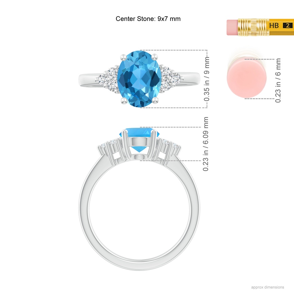 9x7mm AAA Solitaire Oval Swiss Blue Topaz Ring with Trio Diamond Accents in P950 Platinum ruler