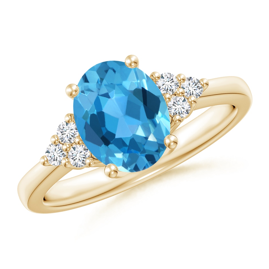9x7mm AAA Solitaire Oval Swiss Blue Topaz Ring with Trio Diamond Accents in Yellow Gold 