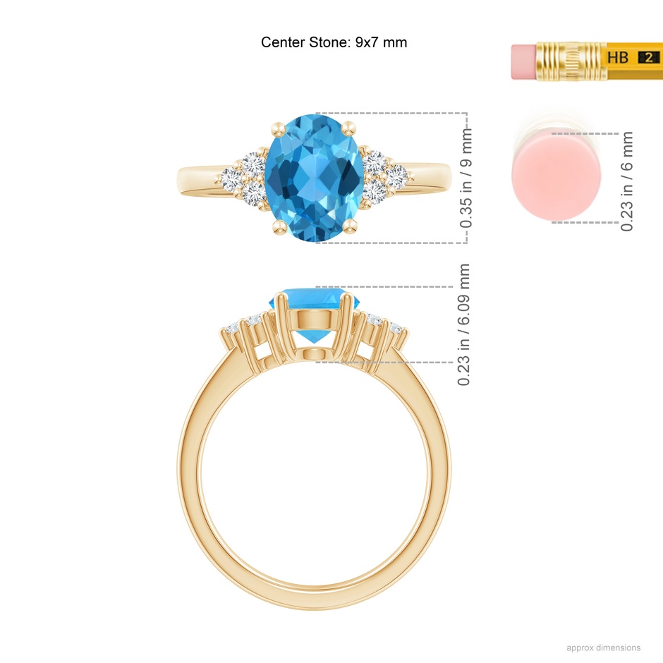 9x7mm AAA Solitaire Oval Swiss Blue Topaz Ring with Trio Diamond Accents in Yellow Gold ruler