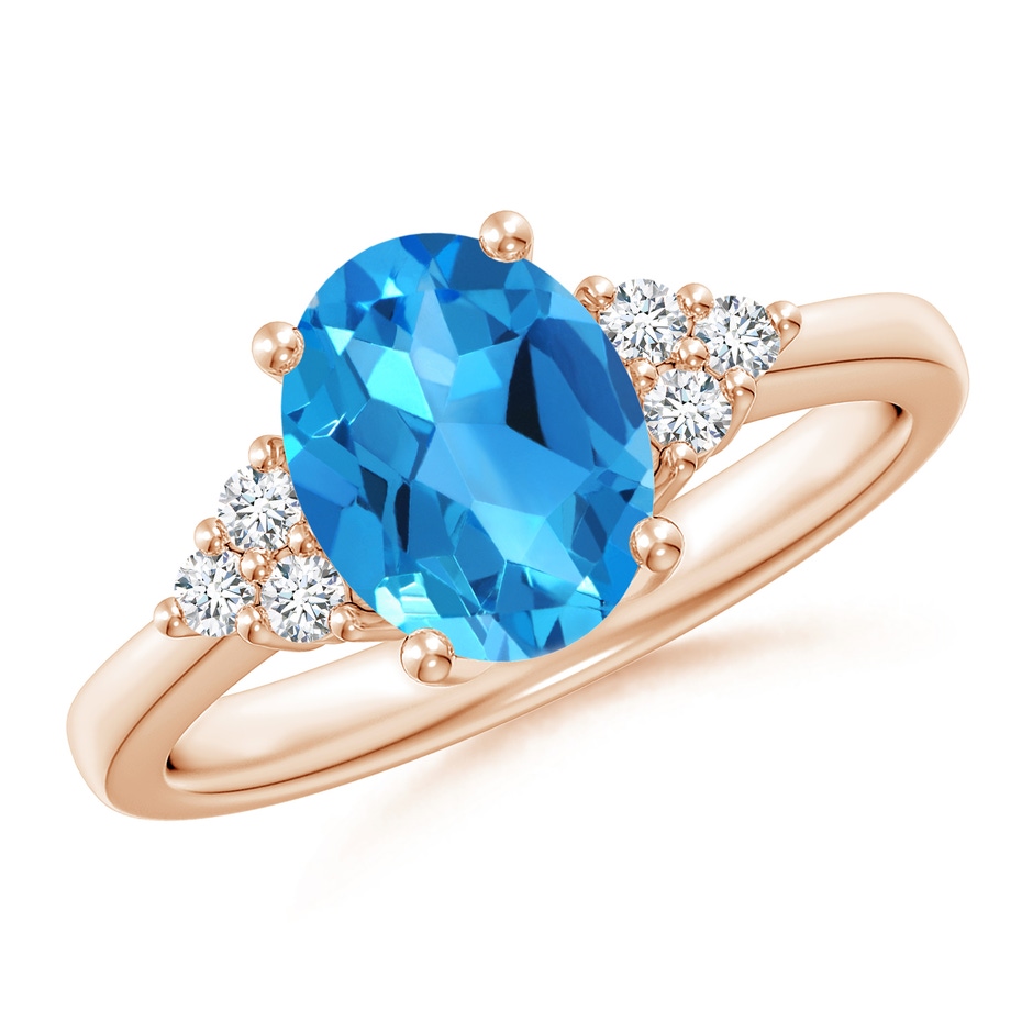 9x7mm AAAA Solitaire Oval Swiss Blue Topaz Ring with Trio Diamond Accents in Rose Gold 