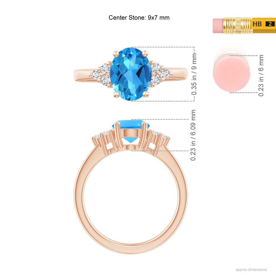 9x7mm AAAA Solitaire Oval Swiss Blue Topaz Ring with Trio Diamond Accents in Rose Gold ruler