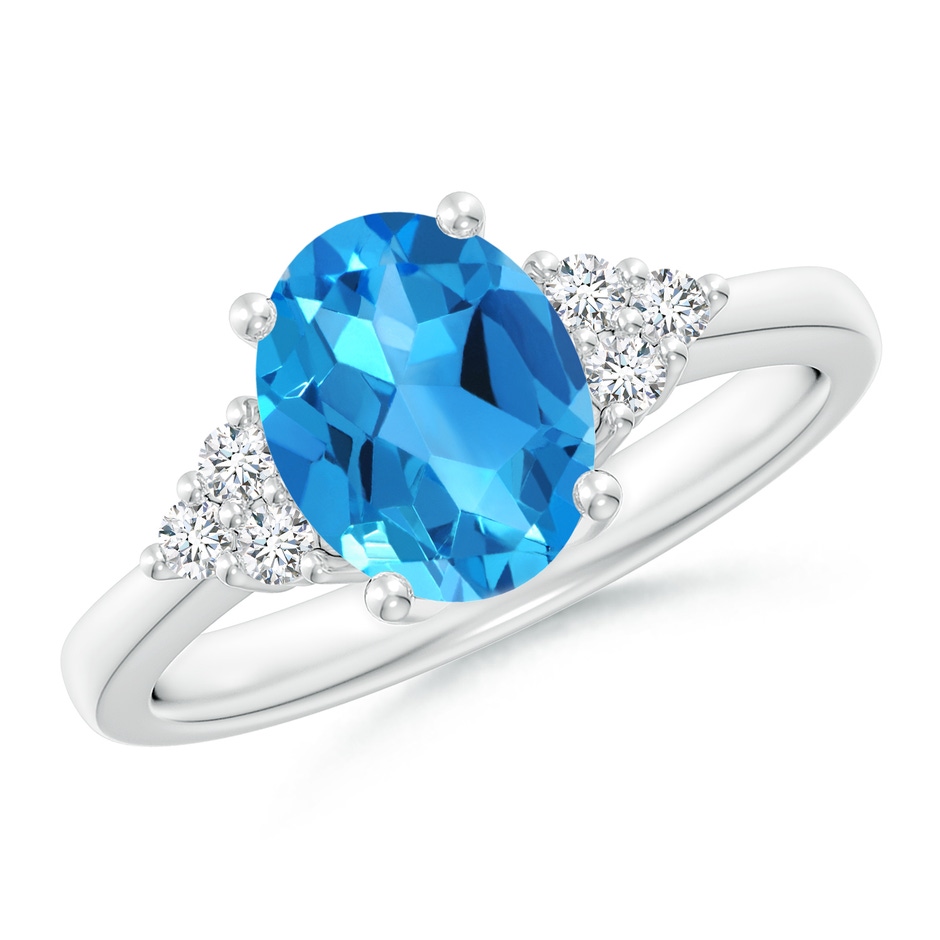 9x7mm AAAA Solitaire Oval Swiss Blue Topaz Ring with Trio Diamond Accents in White Gold 