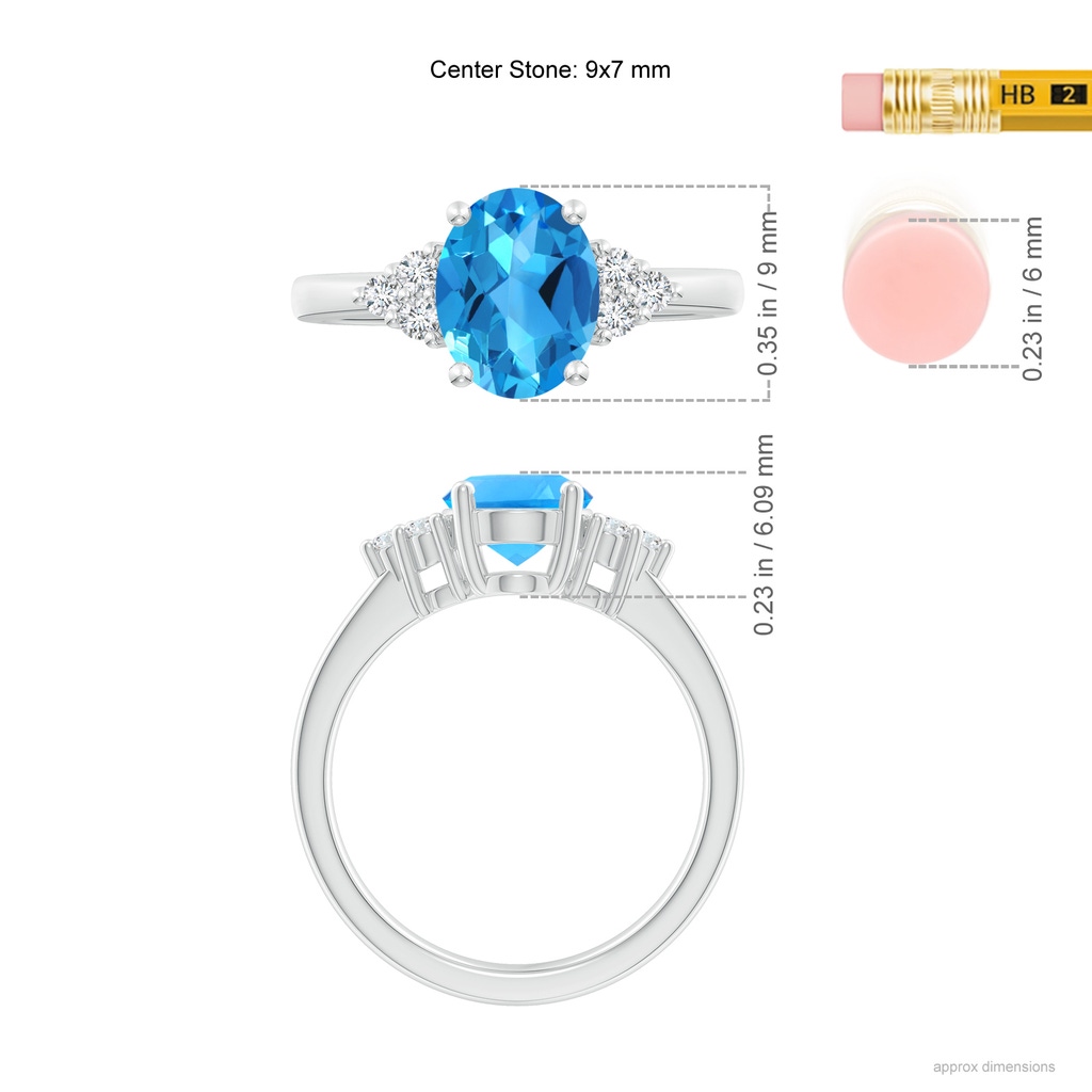 9x7mm AAAA Solitaire Oval Swiss Blue Topaz Ring with Trio Diamond Accents in White Gold Ruler