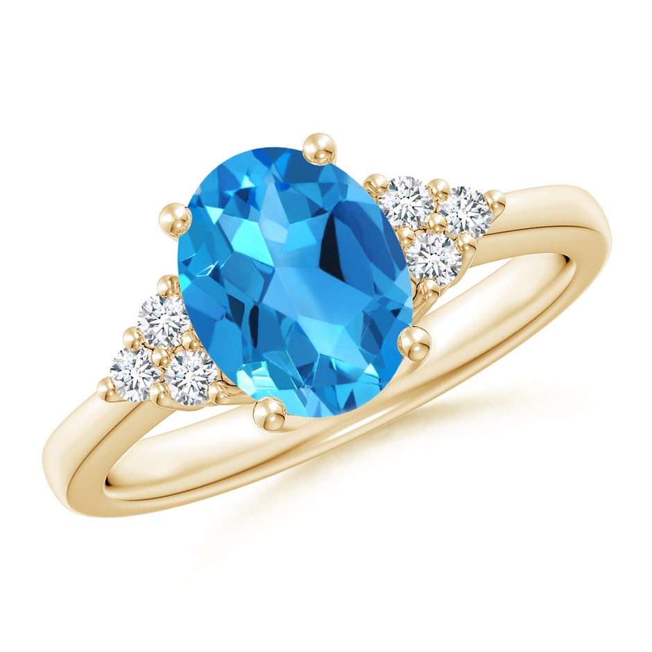 9x7mm AAAA Solitaire Oval Swiss Blue Topaz Ring with Trio Diamond Accents in Yellow Gold 