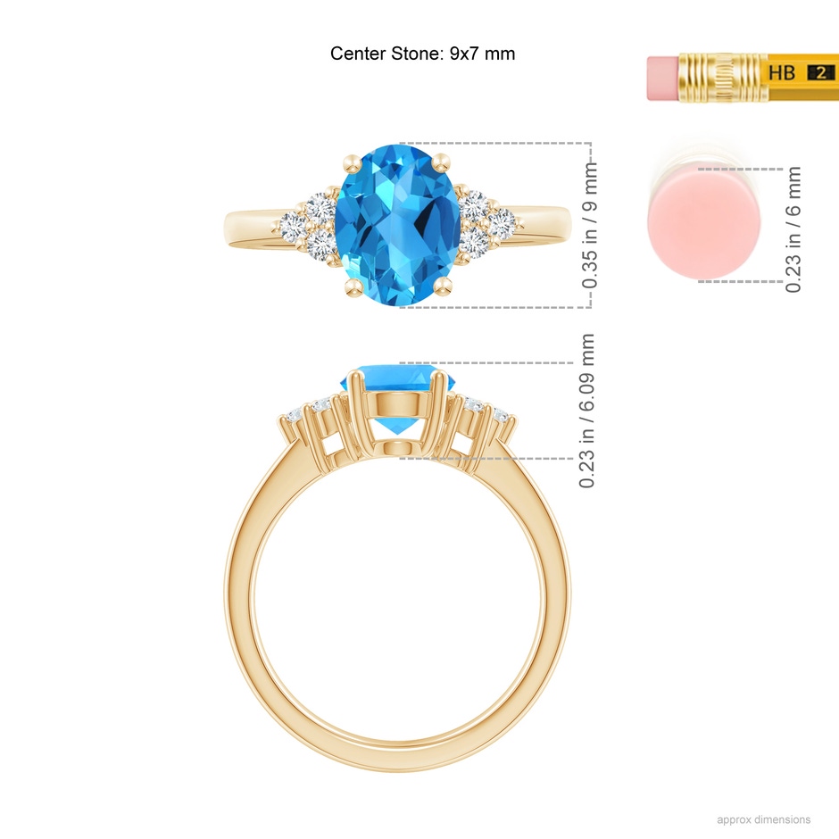 9x7mm AAAA Solitaire Oval Swiss Blue Topaz Ring with Trio Diamond Accents in Yellow Gold ruler