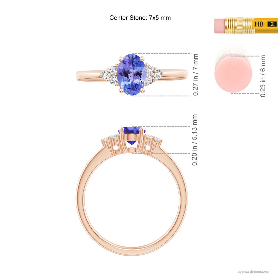 7x5mm AA Solitaire Oval Tanzanite and Diamond Promise Ring in Rose Gold ruler