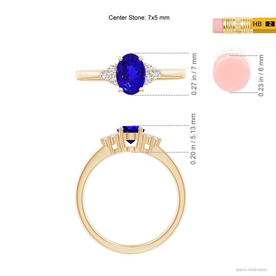 7x5mm AAAA Solitaire Oval Tanzanite and Diamond Promise Ring in Yellow Gold ruler