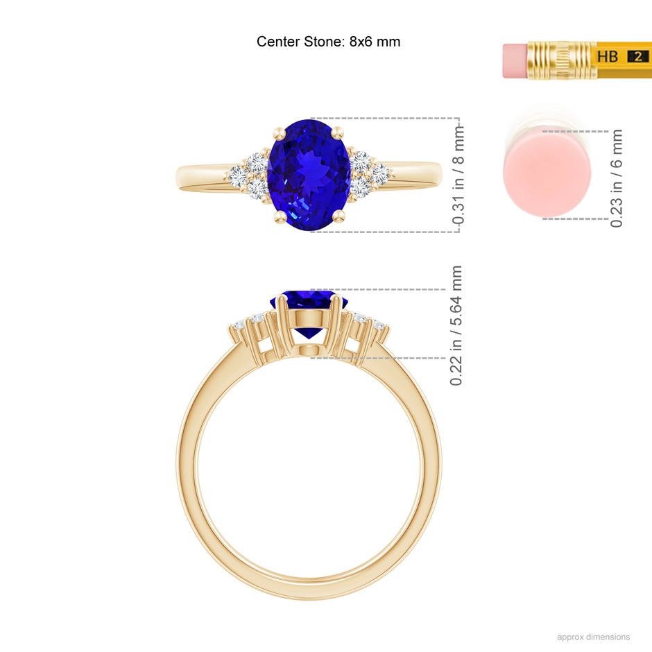 8x6mm AAAA Solitaire Oval Tanzanite and Diamond Promise Ring in Yellow Gold ruler