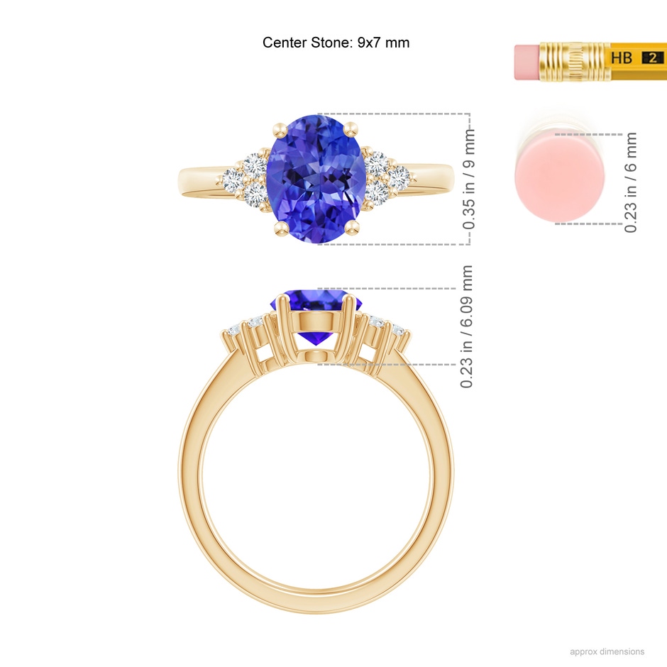 9x7mm AAA Solitaire Oval Tanzanite and Diamond Promise Ring in Yellow Gold ruler