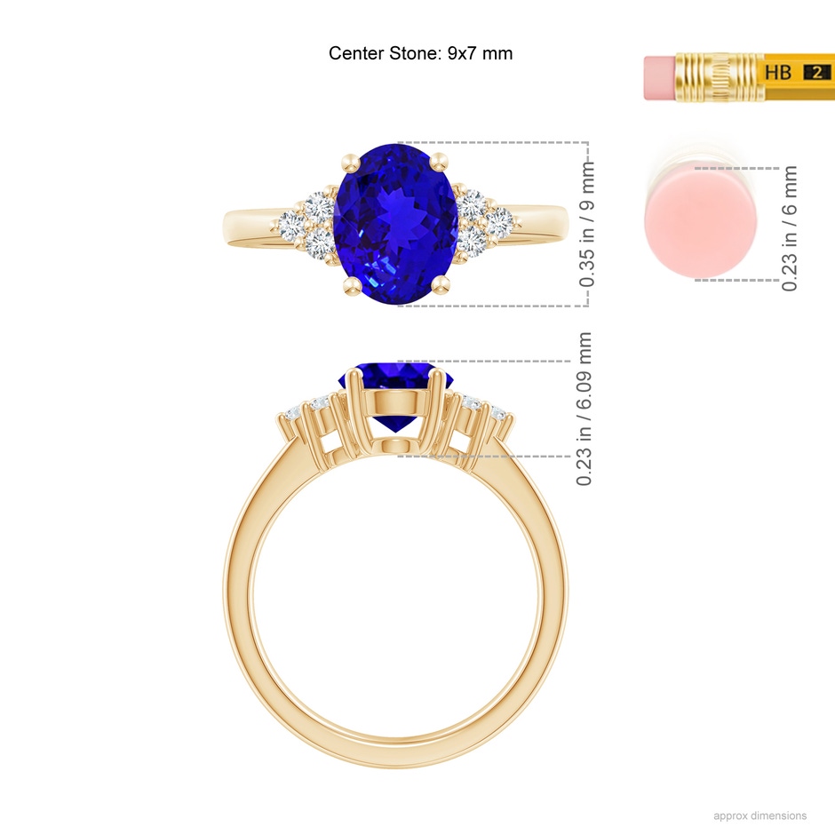 9x7mm AAAA Solitaire Oval Tanzanite and Diamond Promise Ring in Yellow Gold ruler