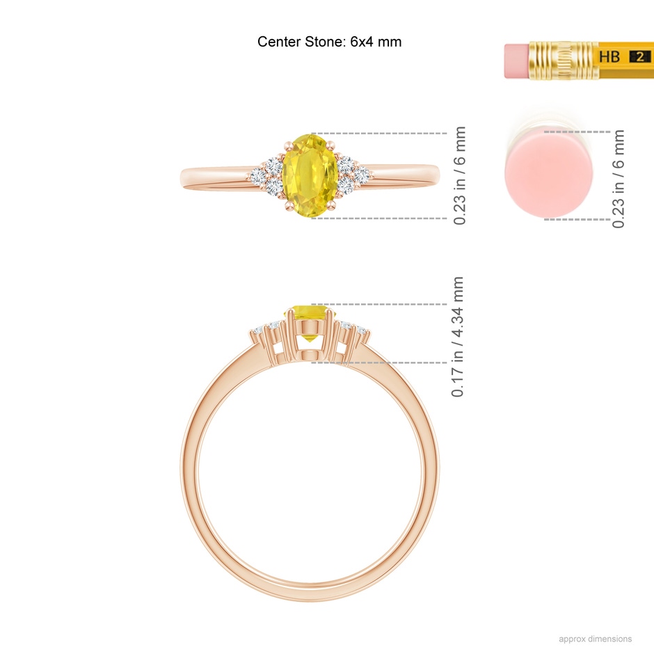 6x4mm AA Solitaire Oval Yellow Sapphire Ring with Trio Diamond Accents in Rose Gold ruler