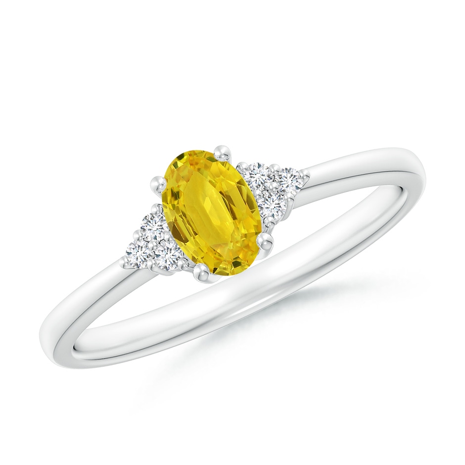 6x4mm AAA Solitaire Oval Yellow Sapphire Ring with Trio Diamond Accents in White Gold 