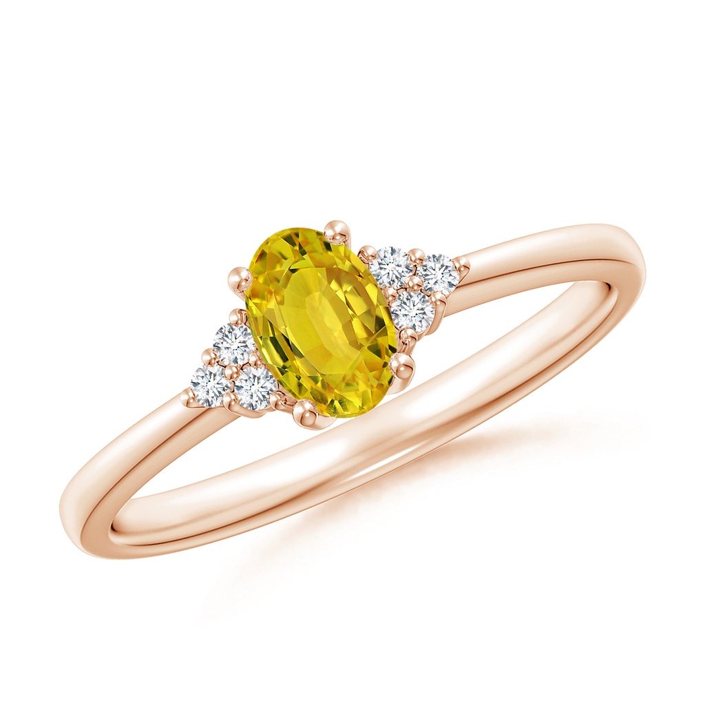 6x4mm AAAA Solitaire Oval Yellow Sapphire Ring with Trio Diamond Accents in Rose Gold