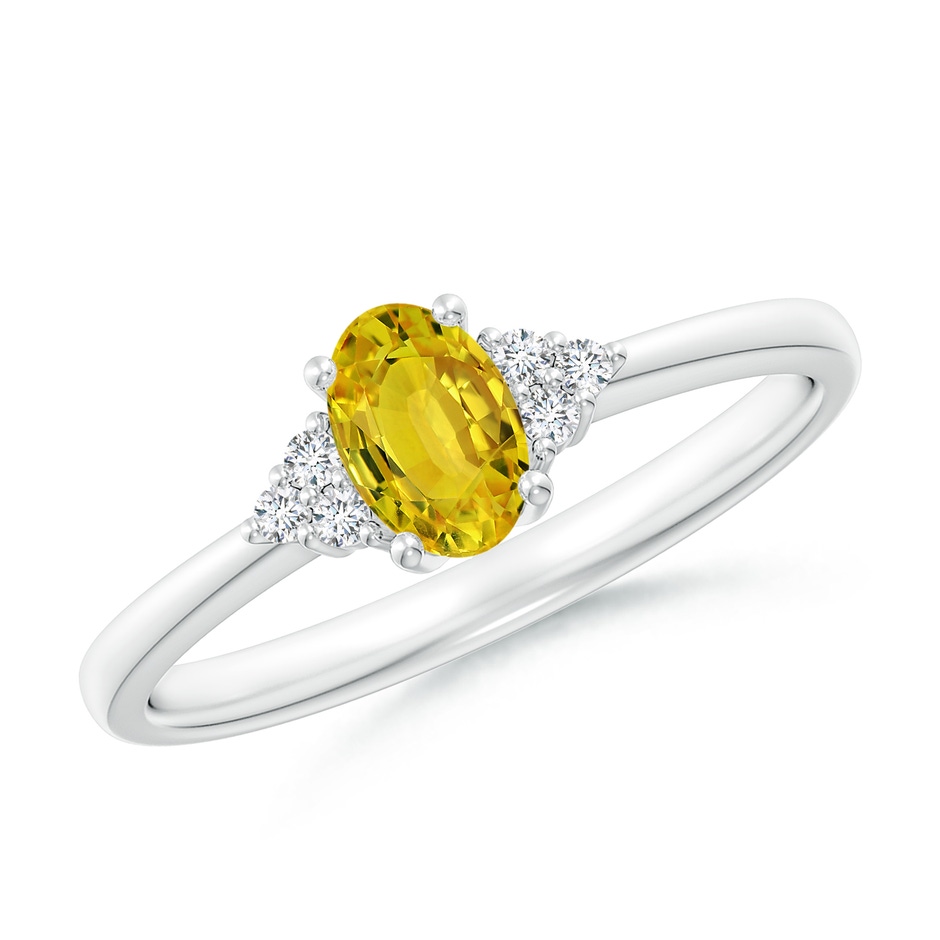 6x4mm AAAA Solitaire Oval Yellow Sapphire Ring with Trio Diamond Accents in White Gold 