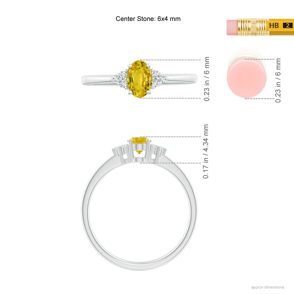 6x4mm AAAA Solitaire Oval Yellow Sapphire Ring with Trio Diamond Accents in White Gold ruler
