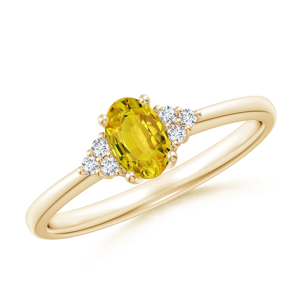 6x4mm AAAA Solitaire Oval Yellow Sapphire Ring with Trio Diamond Accents in Yellow Gold
