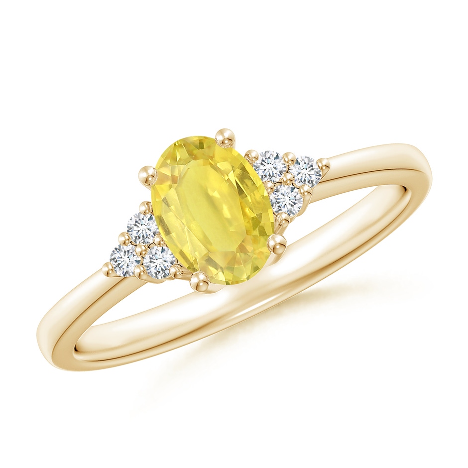 7x5mm A Solitaire Oval Yellow Sapphire Ring with Trio Diamond Accents in Yellow Gold 