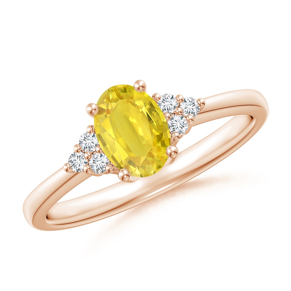 7x5mm AA Solitaire Oval Yellow Sapphire Ring with Trio Diamond Accents in Rose Gold 