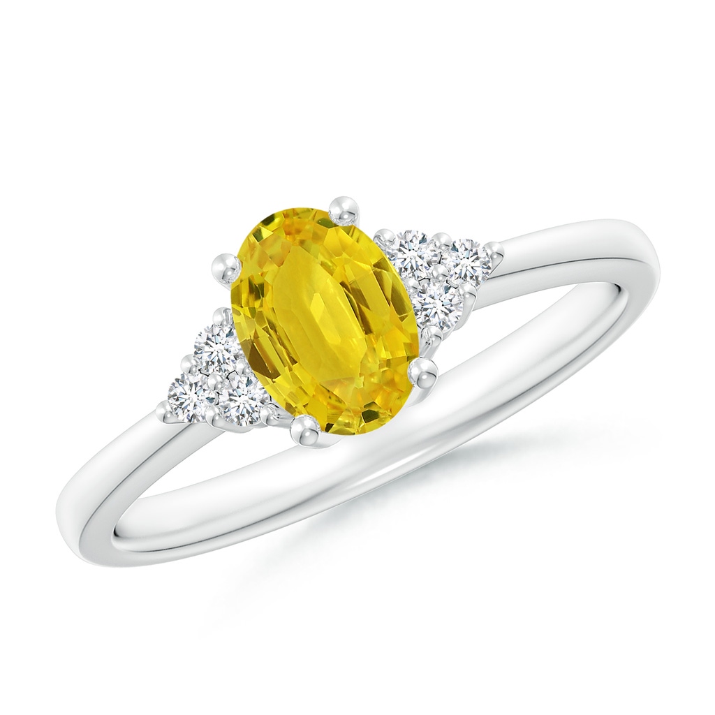 7x5mm AAA Solitaire Oval Yellow Sapphire Ring with Trio Diamond Accents in White Gold 