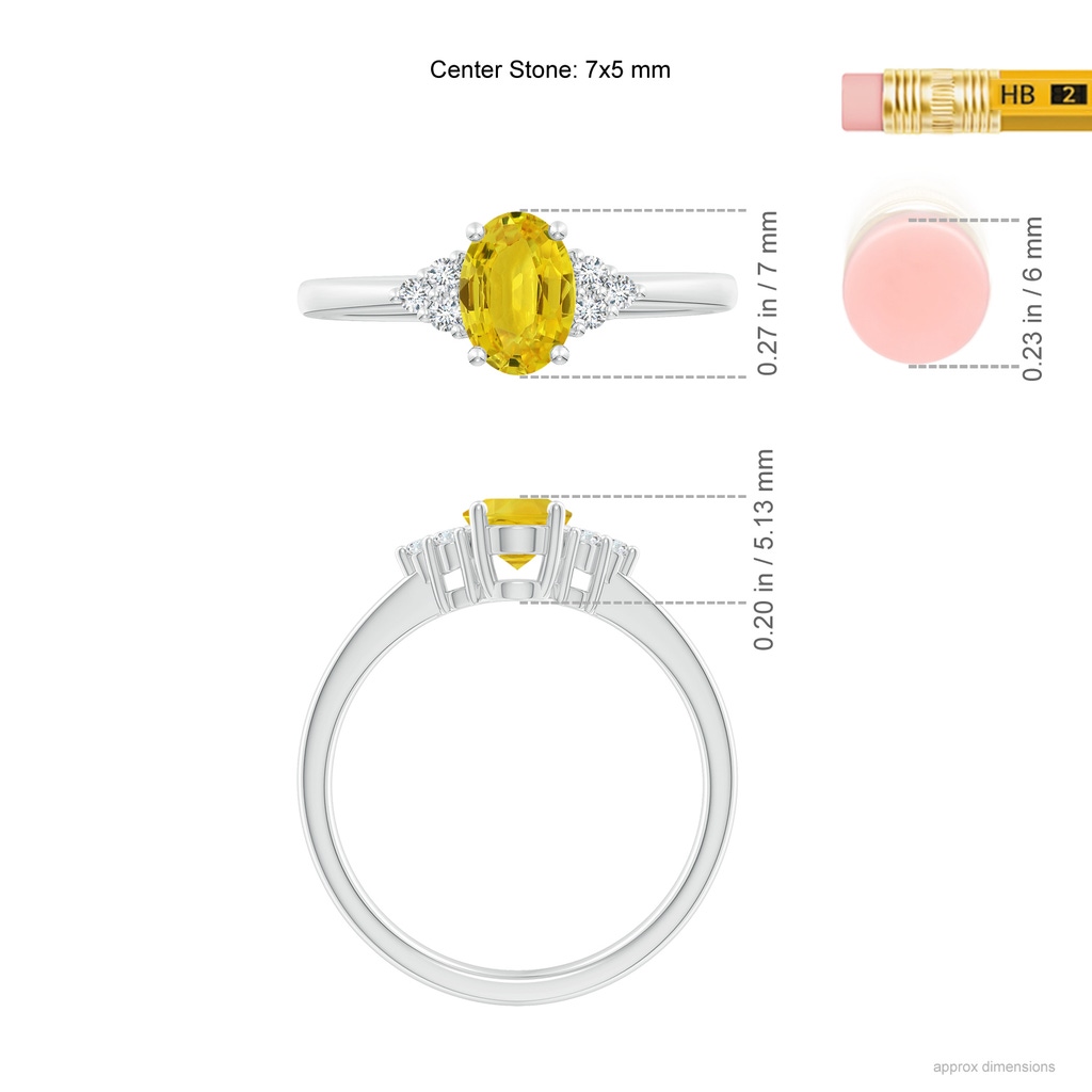 7x5mm AAA Solitaire Oval Yellow Sapphire Ring with Trio Diamond Accents in White Gold Ruler