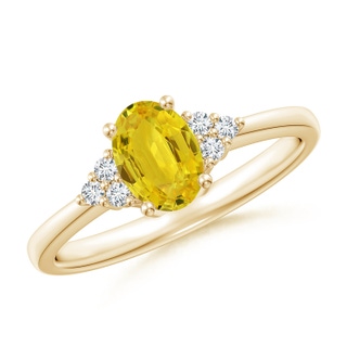 7x5mm AAA Solitaire Oval Yellow Sapphire Ring with Trio Diamond Accents in Yellow Gold