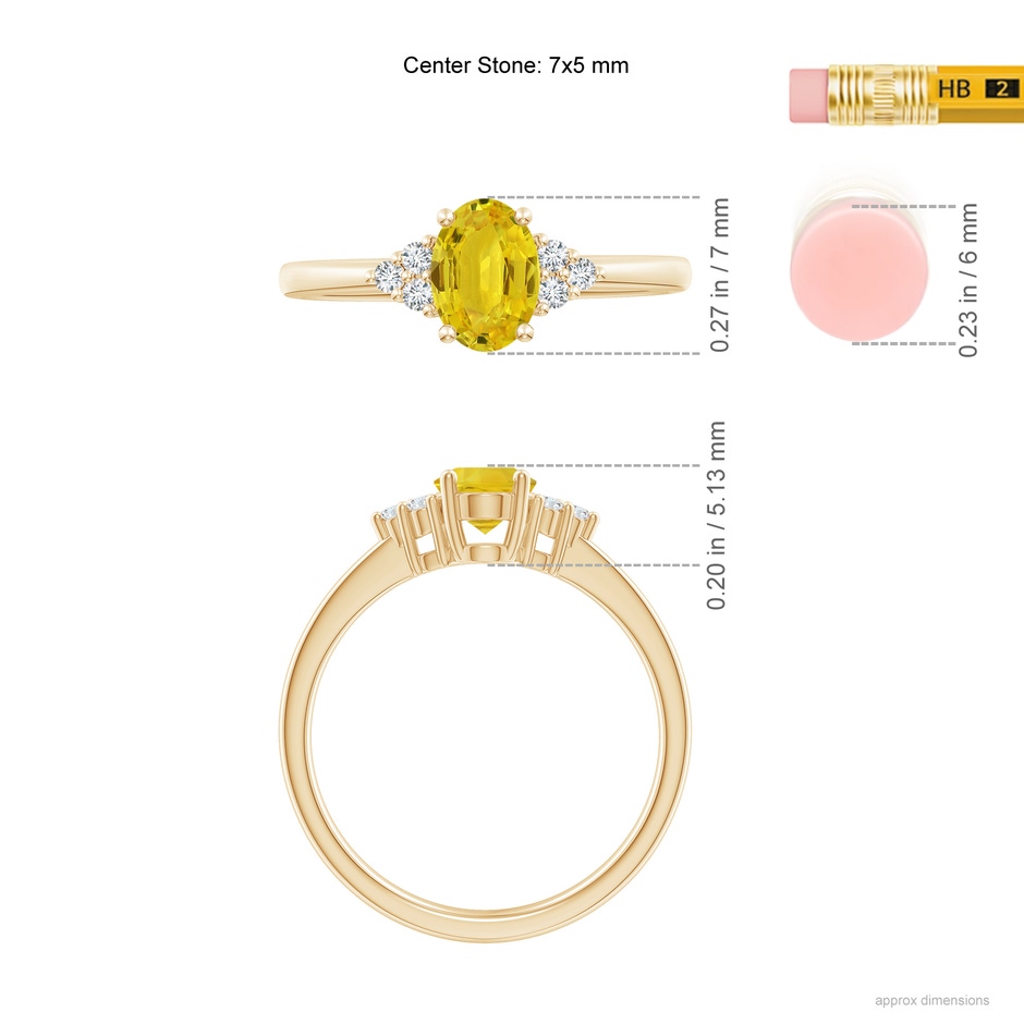 7x5mm AAA Solitaire Oval Yellow Sapphire Ring with Trio Diamond Accents in Yellow Gold ruler