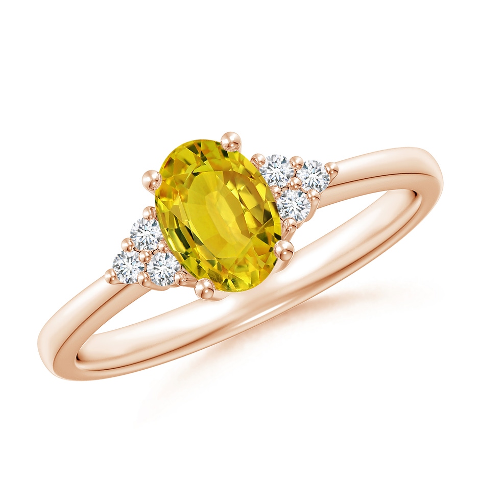 7x5mm AAAA Solitaire Oval Yellow Sapphire Ring with Trio Diamond Accents in Rose Gold 