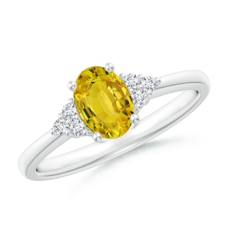 7x5mm AAAA Solitaire Oval Yellow Sapphire Ring with Trio Diamond Accents in White Gold