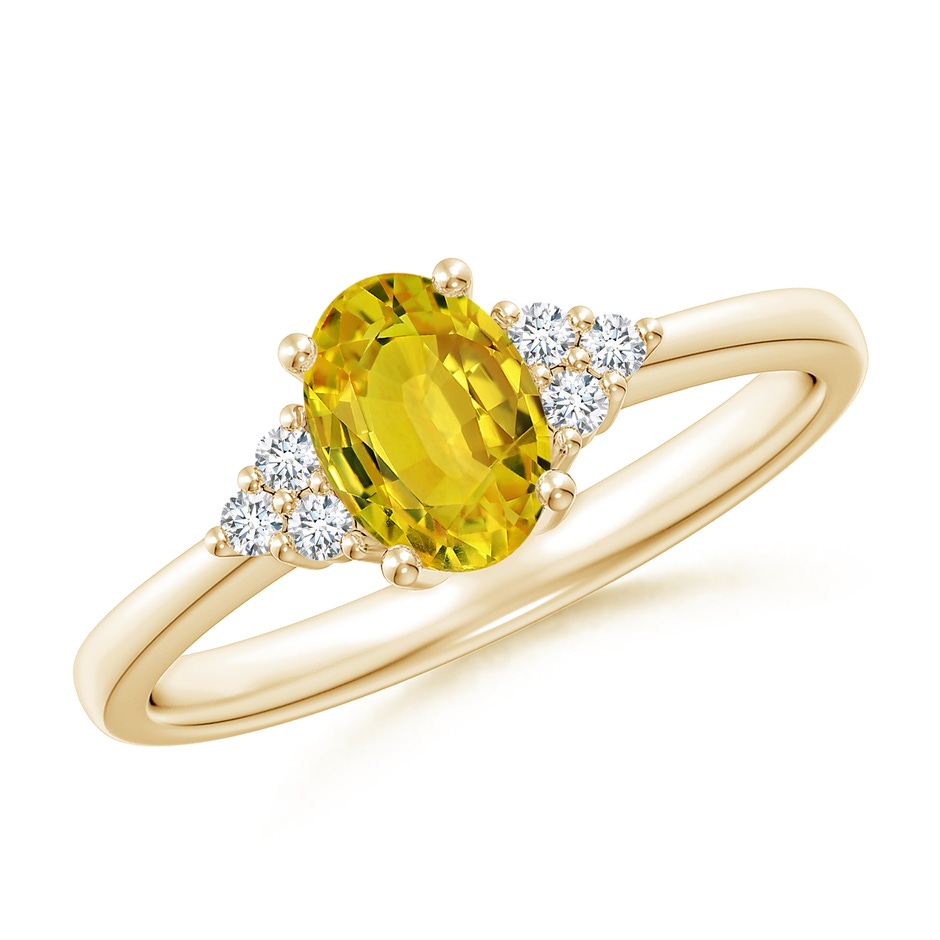 7x5mm AAAA Solitaire Oval Yellow Sapphire Ring with Trio Diamond Accents in Yellow Gold 