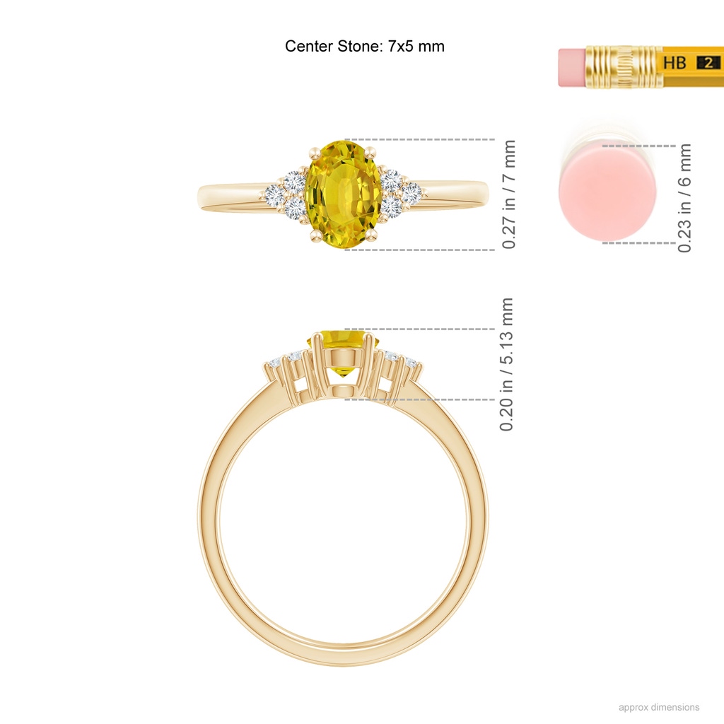 7x5mm AAAA Solitaire Oval Yellow Sapphire Ring with Trio Diamond Accents in Yellow Gold Ruler