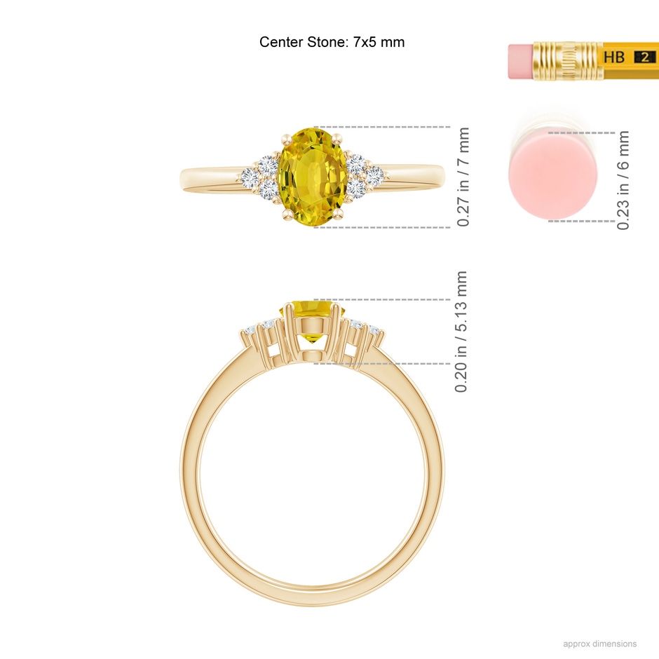 7x5mm AAAA Solitaire Oval Yellow Sapphire Ring with Trio Diamond Accents in Yellow Gold ruler