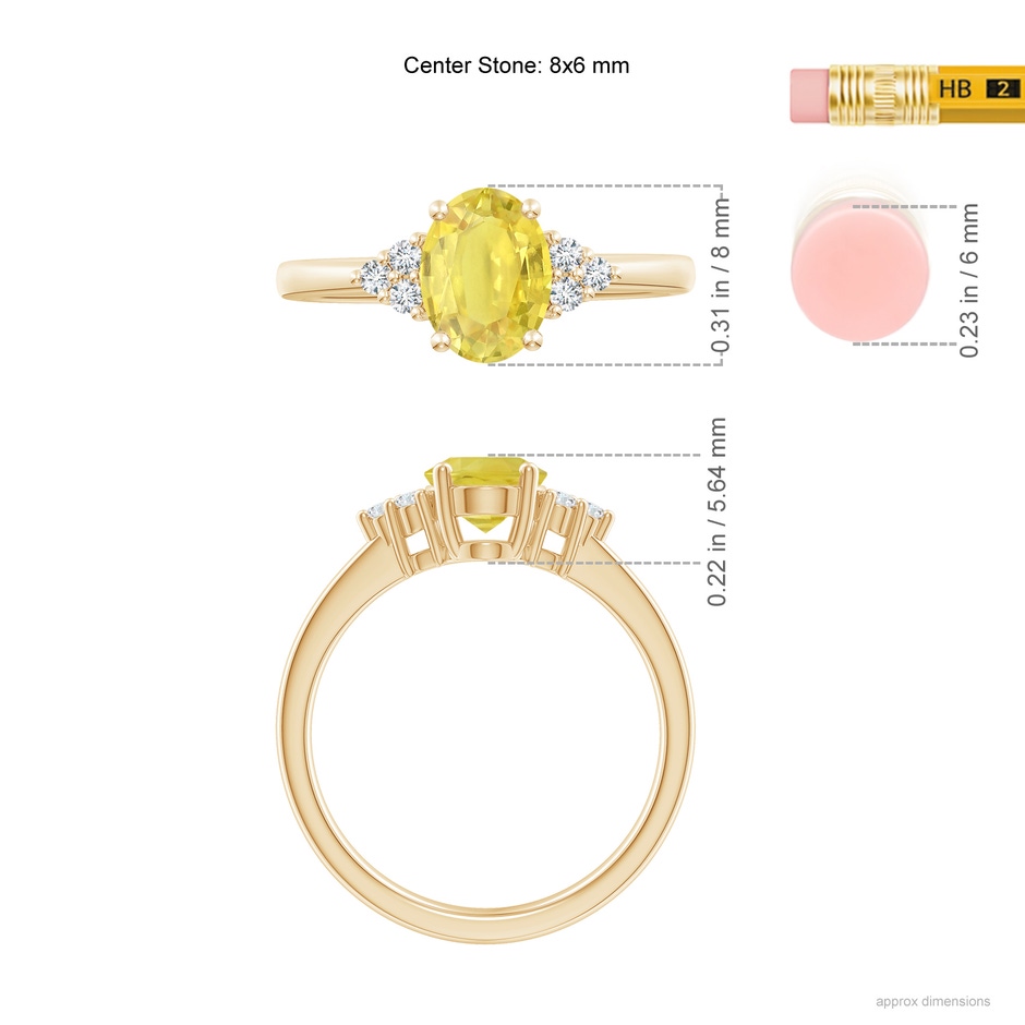 8x6mm A Solitaire Oval Yellow Sapphire Ring with Trio Diamond Accents in Yellow Gold ruler