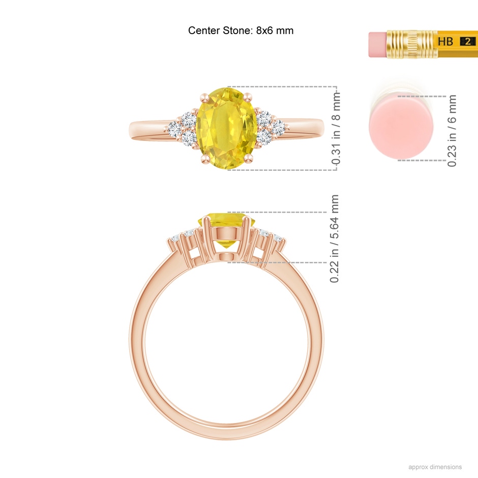 8x6mm AA Solitaire Oval Yellow Sapphire Ring with Trio Diamond Accents in Rose Gold ruler