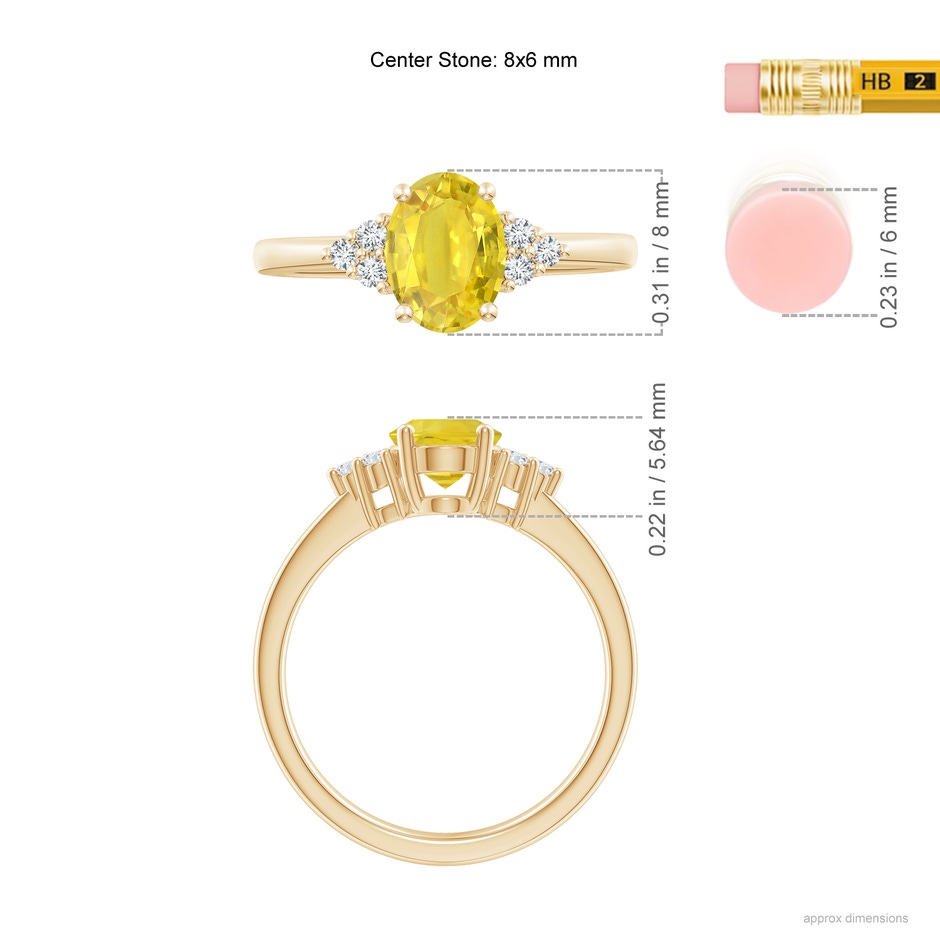 8x6mm AA Solitaire Oval Yellow Sapphire Ring with Trio Diamond Accents in Yellow Gold ruler