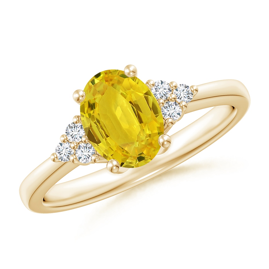 8x6mm AAA Solitaire Oval Yellow Sapphire Ring with Trio Diamond Accents in Yellow Gold 