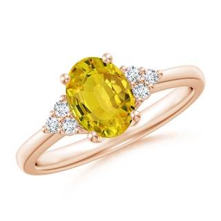 8x6mm AAAA Solitaire Oval Yellow Sapphire Ring with Trio Diamond Accents in Rose Gold