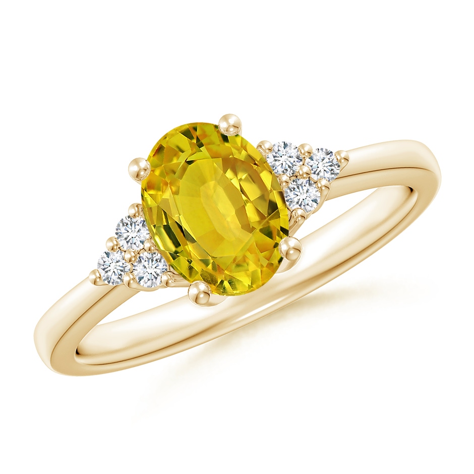 8x6mm AAAA Solitaire Oval Yellow Sapphire Ring with Trio Diamond Accents in Yellow Gold 
