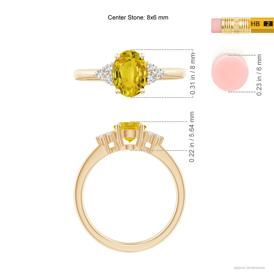 8x6mm AAAA Solitaire Oval Yellow Sapphire Ring with Trio Diamond Accents in Yellow Gold ruler