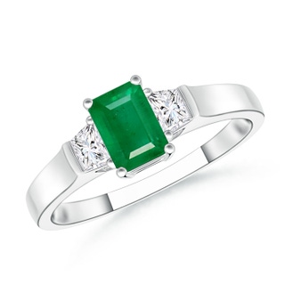 6x4mm AA Emerald-Cut Emerald and Trapezoid Diamond Three Stone Ring in 10K White Gold