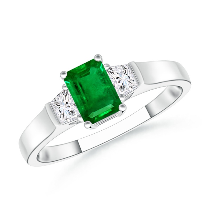 6x4mm AAAA Emerald-Cut Emerald and Trapezoid Diamond Three Stone Ring in White Gold