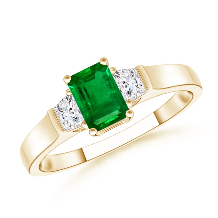 6x4mm AAAA Emerald-Cut Emerald and Trapezoid Diamond Three Stone Ring in Yellow Gold
