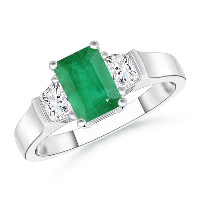 7x5mm A Emerald-Cut Emerald and Trapezoid Diamond Three Stone Ring in White Gold 