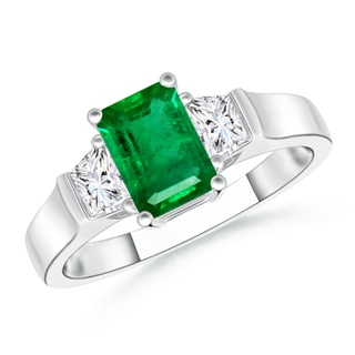 7x5mm AAA Emerald-Cut Emerald and Trapezoid Diamond Three Stone Ring in 10K White Gold