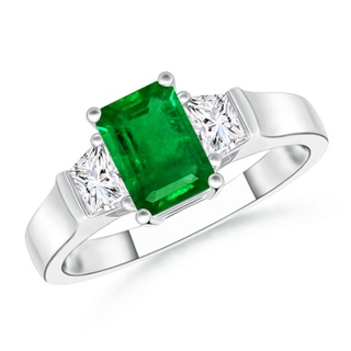 7x5mm AAAA Emerald-Cut Emerald and Trapezoid Diamond Three Stone Ring in P950 Platinum